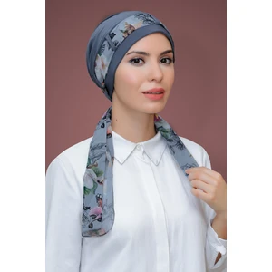 Hürrem Bone Gri Pratik Hazır Geçmeli Tesettür Bone Sandy Kumaş Desenli Şifon Kemerli 1205D_15