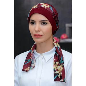 Hürrem Bone Bordo Pratik Hazır Geçmeli Tesettür Bone Sandy Kumaş Desenli Şifon Kemerli 1305D_16