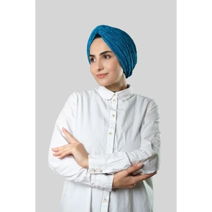 Hürrem Bone Petrol Mavisi Çapraz Büzgülü Piliseli Tesettür Bone Fukuro Kendinden Desenli 2316_17