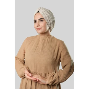 Hürrem Bone Bej Çapraz Büzgülü Piliseli Tesettür Bone Fukuro Kendinden Desenli 2316_12
