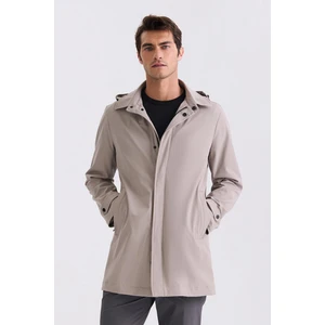 Bej Comfort Fit Kapüşonlu Gizli Fermuarlı Klasik Model Mont