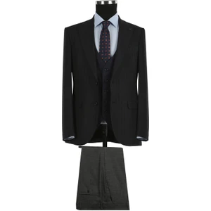 Lacivert Slim Fit Sivri Yaka Çizgili Kombinli Yelekli Takım Elbise