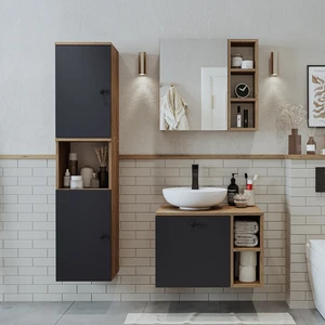Lavabolu Mdf 65 cm Lotus Çekmeceli Banyo Dolabı + Aynalı Üst Dolabı + Banyo Boy Dolabı