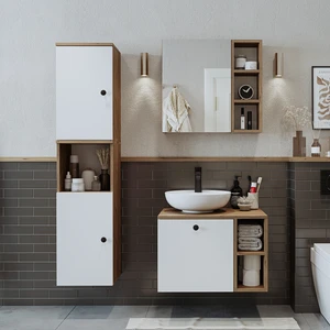Lavabolu Mdf 65 cm Lotus Çekmeceli Banyo Dolabı + Aynalı Üst Dolabı + Banyo Boy Dolabı