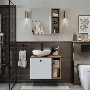 Lavabolu Mdf 65 cm Lotus Çekmeceli Banyo Dolabı + Aynalı Üst Dolabı