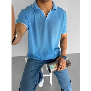 Abluka Online Erkek Fitilli Yazlık Polo Yaka Yarım Pat Gömlek Yaka Triko T-Shirt Mavi