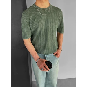 Abluka Online Erkek Yazlık Örme Bisiklet Yaka Pamuklu Dokulu Esnek Yıkama Görünümlü Triko T-Shirt Yeşil
