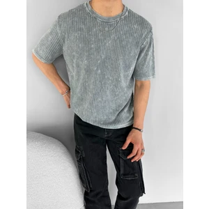 Abluka Online Erkek Yazlık Örme Bisiklet Yaka Pamuklu Dokulu Esnek Yıkama Görünümlü Triko T-Shirt Gri