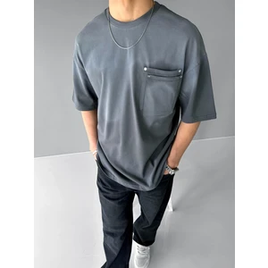 Abluka Online Erkek Yazlık Bisiklet Yaka Oversize Çift Katman Cepli T-Shirt Füme