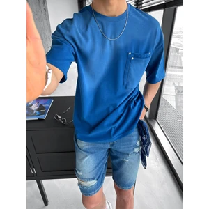 Abluka Online Erkek Yazlık Bisiklet Yaka Oversize Çift Katman Cepli T-Shirt Mavi