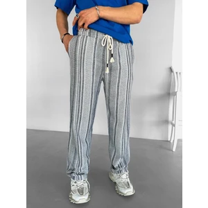 Abluka Online Erkek %100 Pamuk Yazlık Örme Baggy Fit Çizgili Örme Pantolon Mavi
