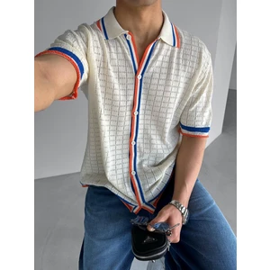 Abluka Online Erkek Yazlık Polo Yaka Örme Oversize Çift Renkli Desenli Örme Gömlek Bej