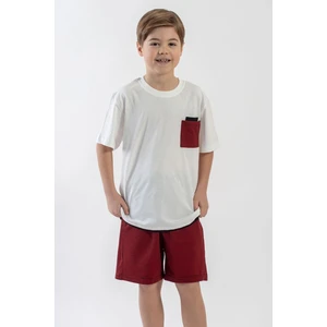 Bisiklet Yaka Kısa Kol Ekru Kırmızı Renk Erkek Cocuk Sortlu Takım