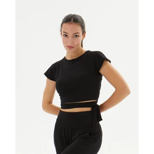 Ayma Active Siyah Sırt Dekolteli Drape Detaylı Crop Kısa Kollu Bluz