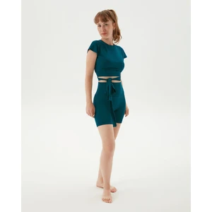 Ayma Active Petrol Sırt Dekolteli Drape Detaylı Crop Kısa Kollu Bluz