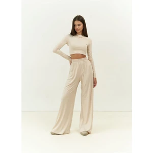 Mai Collection Jany Uzun Kollu Bej Crop Pantolon Takım