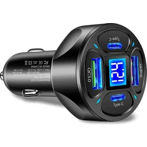 LED Dijital Ekranlı 2 USB + 2 Type C Portlu Hızlı Araç Şarjı