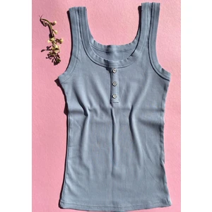 Kare Yaka Fitilli Düğme Detaylı Kaşkorse Kalın Askı Lillesol Açık Mavi Renk Kadın Atlet-Tshirt 64V63