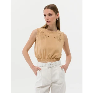 Pierre Cardin Kadın Bej Keten Karışımlı Crop Top Kolsuz Bluz 50262547-VR011