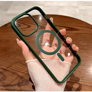 iPhone 13 Pro Max Kılıf Sararmaz Renkli Magsafe Destekli Silikon Kapak Kılıf Hakiyeşil
