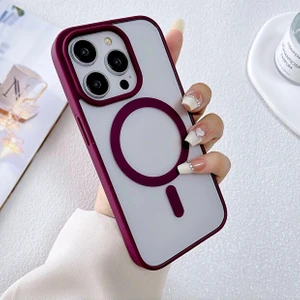iPhone 14 Plus / 15 Plus Kılıf Sararmaz Renkli Magsafe Destekli Silikon Kapak Kılıf Bordo