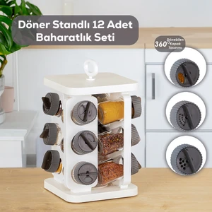 1081 Kare Prizma Döner Standlı Döner Kapaklı 12'li Cam Baharatlık-Düzenleyici Organizer -Standlı Baharatlık