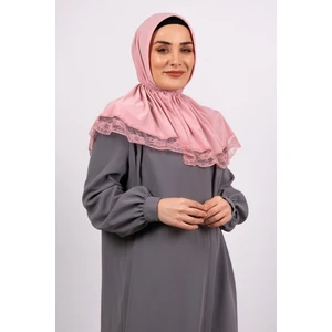 Hürrem Bone Pudra Pratik Hazır Geçmeli Tesettür Eşarp Viskon Kumaş Çıtçıtlı Dantelli 2105_06