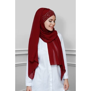 Hürrem Bone Bordo Pratik Hazır Geçmeli Bone Şal Şifon Kendinden Topuzlu Taşlı Elişi Işlemeli 1450_16