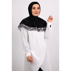 Hürrem Bone Siyah Pratik Hazır Geçmeli Tesettür Eşarp Viskon Kumaş Çıtçıtlı Dantelli 2105_01
