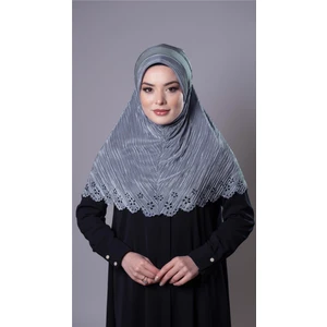 Hürrem Bone Gri Pratik Hazır Geçmeli Tesettür Eşarp Fukuro Kumaş Piliseli Çiçek Desenli Lazer Kesim 1829_15