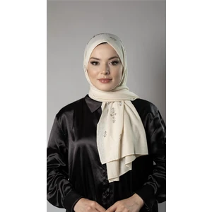 Hürrem Bone Krem Pratik Hazır Geçmeli Tesettür Şal Örme Kumaş Taşlı Çiçek Desenli 2118C_40