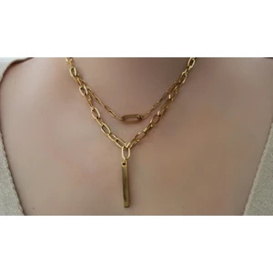 Çift Zincir Dikdörtgen Gold Altın Kaplama Kolye