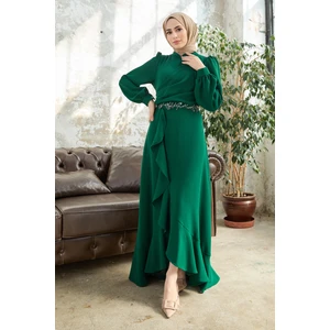 Eteği Volanlı Abiye - Zümrüt