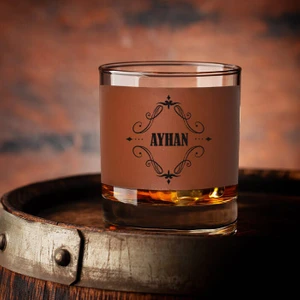 Kişiye Özel Isimli Taba Deri Kaplama Viski Bardağı