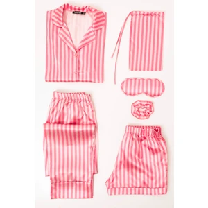 For You Moda 6'lı Pembe Krem Çizgili Saten Pijama Takımı S22120