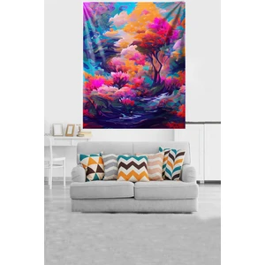 Pembe Yapraklı Ağaç Leke Tutmaz Kadife Kumaş Duvar Örtüsü Duvar Halısı Tapestry