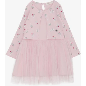 Kız Çocuk Uzun Kollu Ebise Tüllü Çiçek Desenli 3-8 Yaş, Pembe