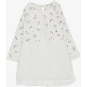 Kız Çocuk Uzun Kollu Ebise Tüllü Çiçek Desenli 3-8 Yaş, Beyaz