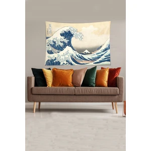 Bej-Mavi Katsushika Hokusai Serisi Leke Tutmaz Kadife Kumaş Duvar Örtüsü Duvar Halısı Tapestry