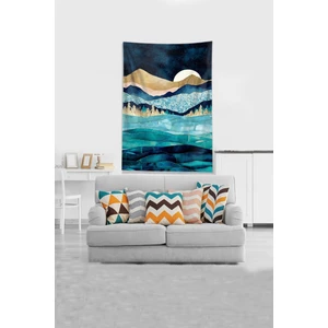 Mavi Dağın Ardındaki Ay Leke Tutmaz Kadife Kumaş Duvar Örtüsü Duvar Halısı Tapestry
