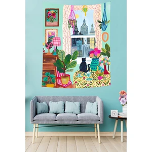 Penceredeki Kedi Bohem Iskandinav Stil Yaprak Leke Tutmaz Kumaş Duvar Örtüsü Duvar Halısı Tapestry