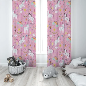 Pembe Unicorn Desenli Dijital Baskı Yıkanabilir Bebek Çocuk Odası Fon Perdesi