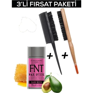 Hair Wax Stick For Kids+Profesyonel Topuz Fırçası 3033 +Topuz Krepe Şiş Tarak 3043 3'lü Set