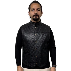 Erkek Baklava Desenli Hakiki Deri Yelek