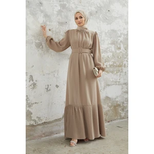 Etek Ucu Pileli Elbise - Vizon