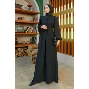 Etek Ucu Pileli Elbise - Siyah