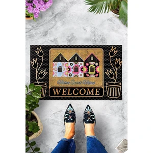 Dijital Baskılı Welcome Yazılı Ev Desenli Dekoratif Kapı Önü Paspası