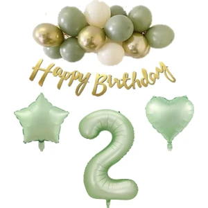 Best Parti 2 Yaş Happy Bırthday Yazılı Banner Su Yeşili Renk Rakam Kalp Yıldız Folyo ve Latex Balon Seti