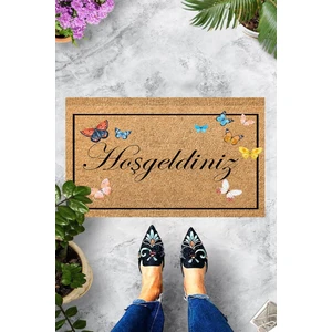 Dijital Baskılı Hoşgeldiniz Yazılı Siyah Çerçeveli Kelebek Desenli Dekoratif Kapı Önü Paspası