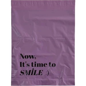 Svs Etiket Plastik Now It's Time To Smile : Baskılı 25 x 30+5 Cepli Lila Kargo Poşeti